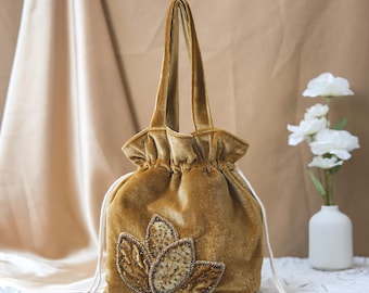 Bolsa de terciopelo hecha a mano con cordón ajustable, diseño de hojas con cuentas, estilo vintage