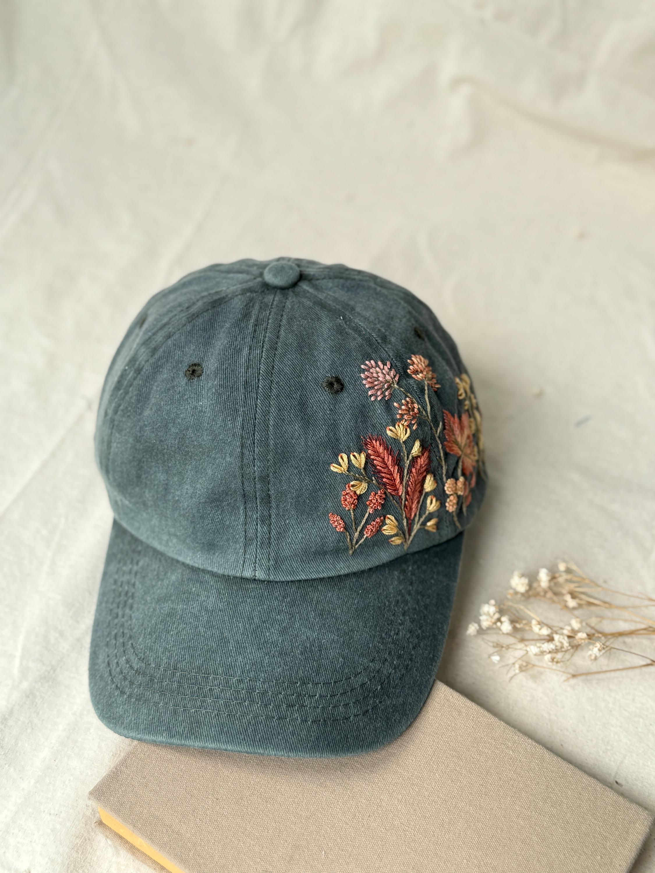 Embroidered Floral Baseball Cap: Handmade Moss Green Cotton Hat ...