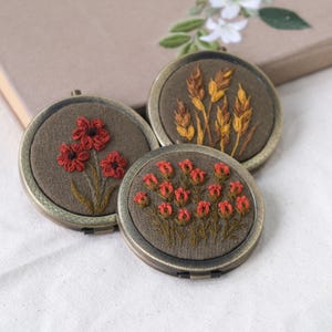 Embroidered Floral Linen Compact Mirror: Handmade Vintage Gift