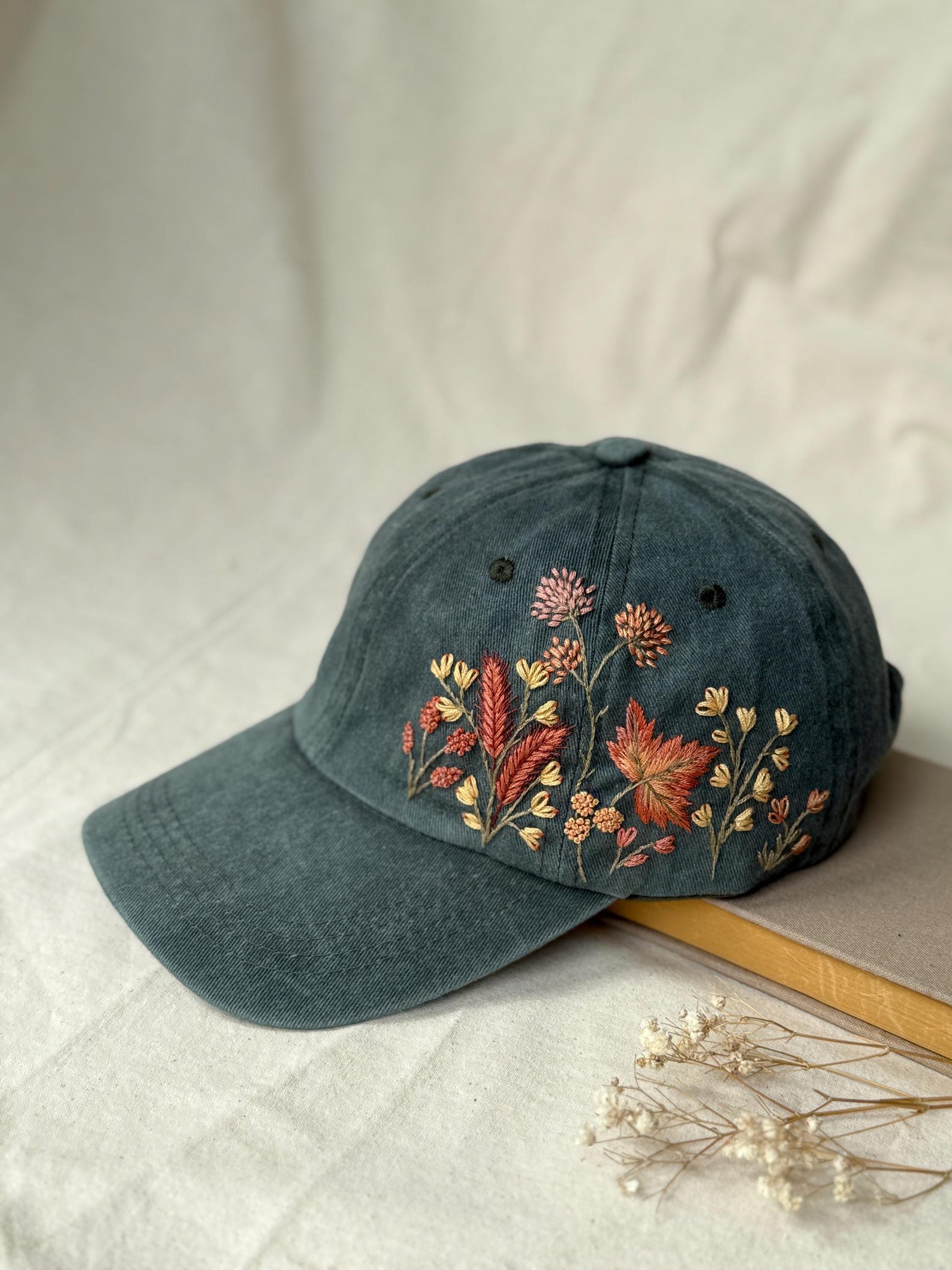 Embroidered Floral Baseball Cap: Handmade Moss Green Cotton Hat ...