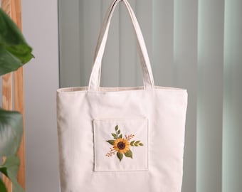 Handmade Embroidered Sunflower Tote Bag – Eco-Friendly Canvas Market Bag