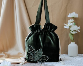 Bolso de terciopelo hecho a mano con cordón ajustable, diseño de hojas con cuentas, bolso de lujo