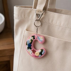 Personalized Letter C Keychain, Custom Floral Initial Keychain, Crochet Monogram Charm