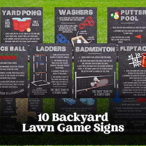 Lawn Game Posters - 10 Lawn Game Signs with Rules & Scoring Details for Backyard Activities, Party or Tournament