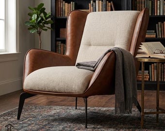 Skórzany fotel akcentowy, nowoczesny fotel wypoczynkowy, fotel z połowy XX wieku, tapicerowany fotel do salonu, luksusowy fotel do czytania, ręcznie robione meble