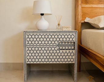 Handmade Bone Inlay Bedside Table Nightstand with 2 Drawers, Black White Geometric Side Table, Luxury Bedroom Furniture