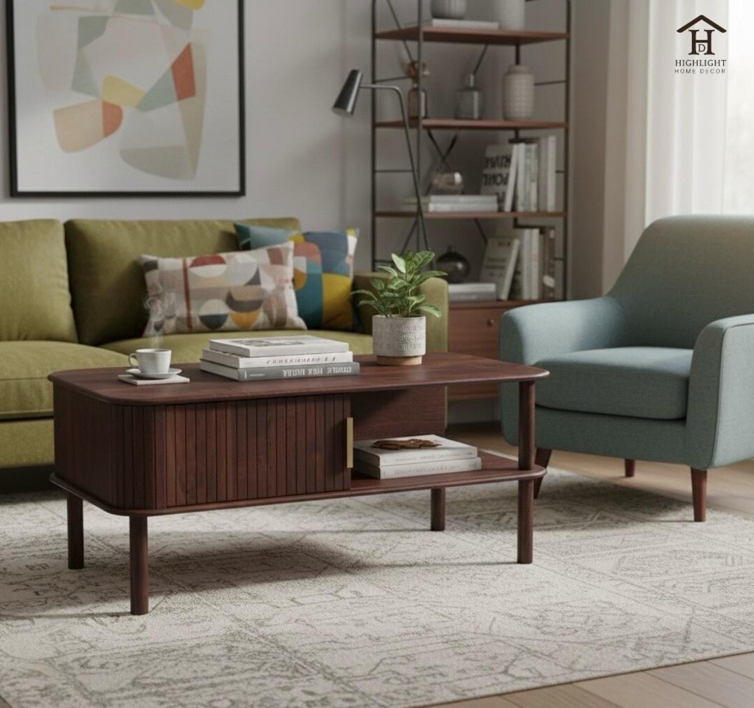 Mid Century Solid Wood Coffee Table With Storage Sliding Door Modern ...
