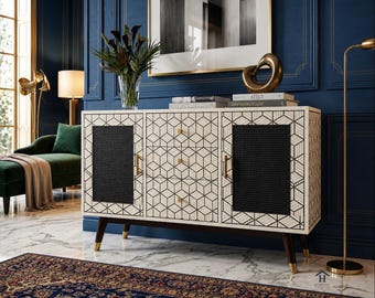 Luxury Geometric Bone Inlay Sideboard Handmade Wood Credenza With Black Rattan Doors, Mid Century Modern Buffet Custom Media Console Cabinet