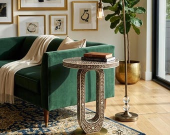 Tavolino laterale floreale fatto a mano in madreperla con base in ottone, tavolino di lusso per soggiorni, tavolino da bar moderno marrone, decorazione personalizzata