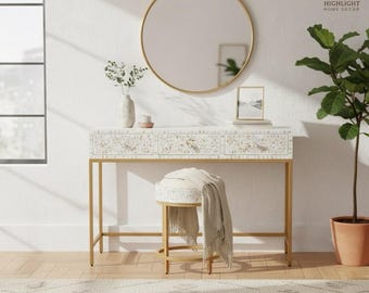 Iris Console Table & Stool  White Mother of Pearl Inlay | Handmade Vanity  Dresser | Luxury Floral Inlay Furniture | Bonepearlbyh - Etsy