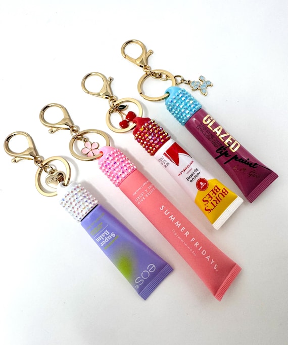 Lip Gloss Cap Keychain Bedazzled Summer Friday Lip Balm Holder Cute Charm Keychain Cute Gift for Her Beauty Accessory Bedazzled Rhinestone