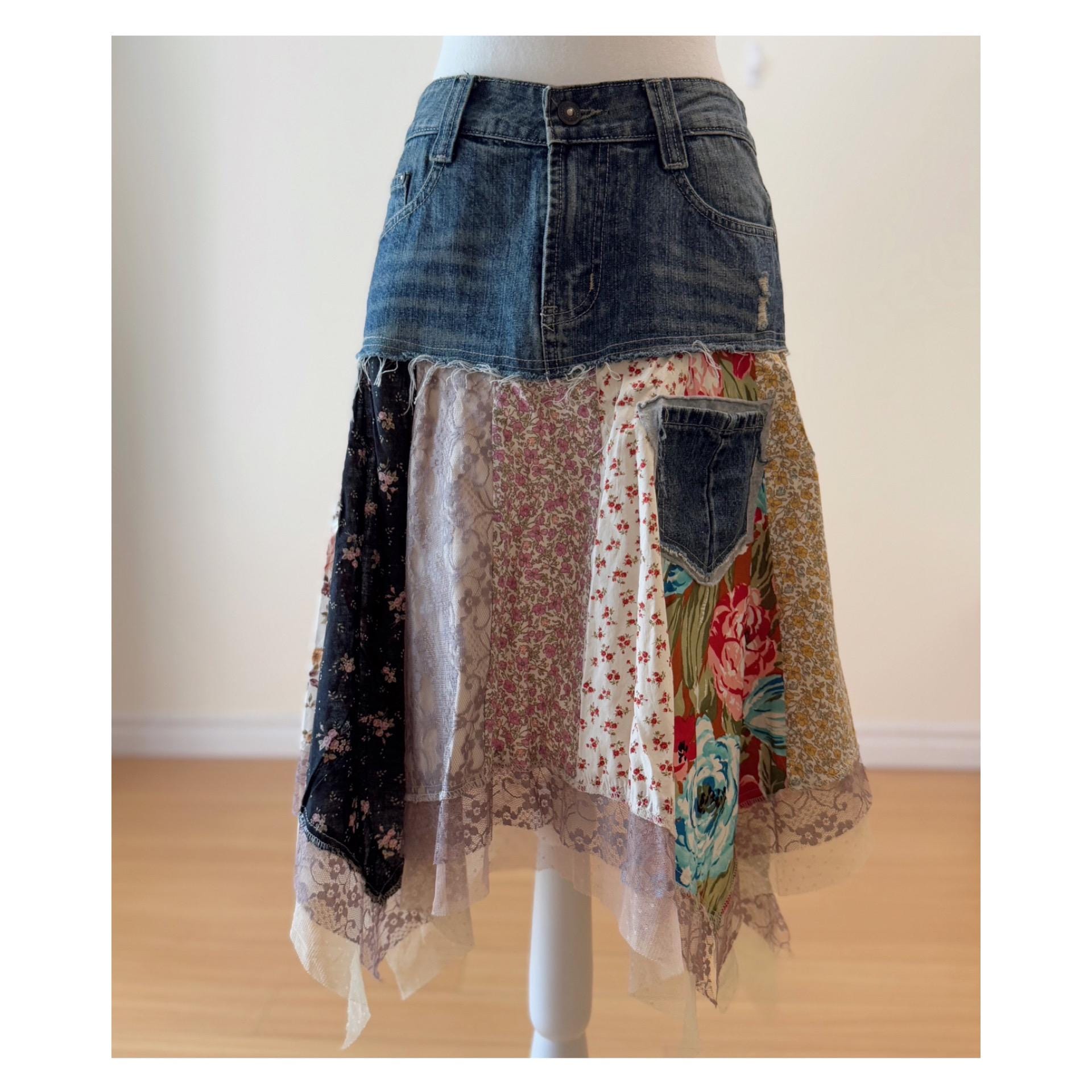 Vintage Japanese Patchwork Denim Skirt With Lace Hem