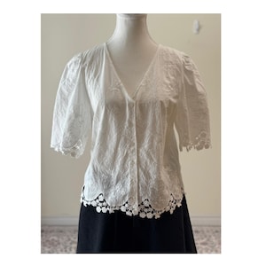 Embroidered 100% Cotton Lace Blouse Romantic Cottagecore Top 90s Feminine Puff Sleeve Shirt Boho Chic Floral Embroidery Blouse M