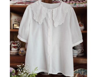 Embroidered Peter Pan Collar Blouse Romantic Cottagecore Cotton Shirt Prairie Puff Sleeve Button Up Mori Girl Feminine Summer Casual