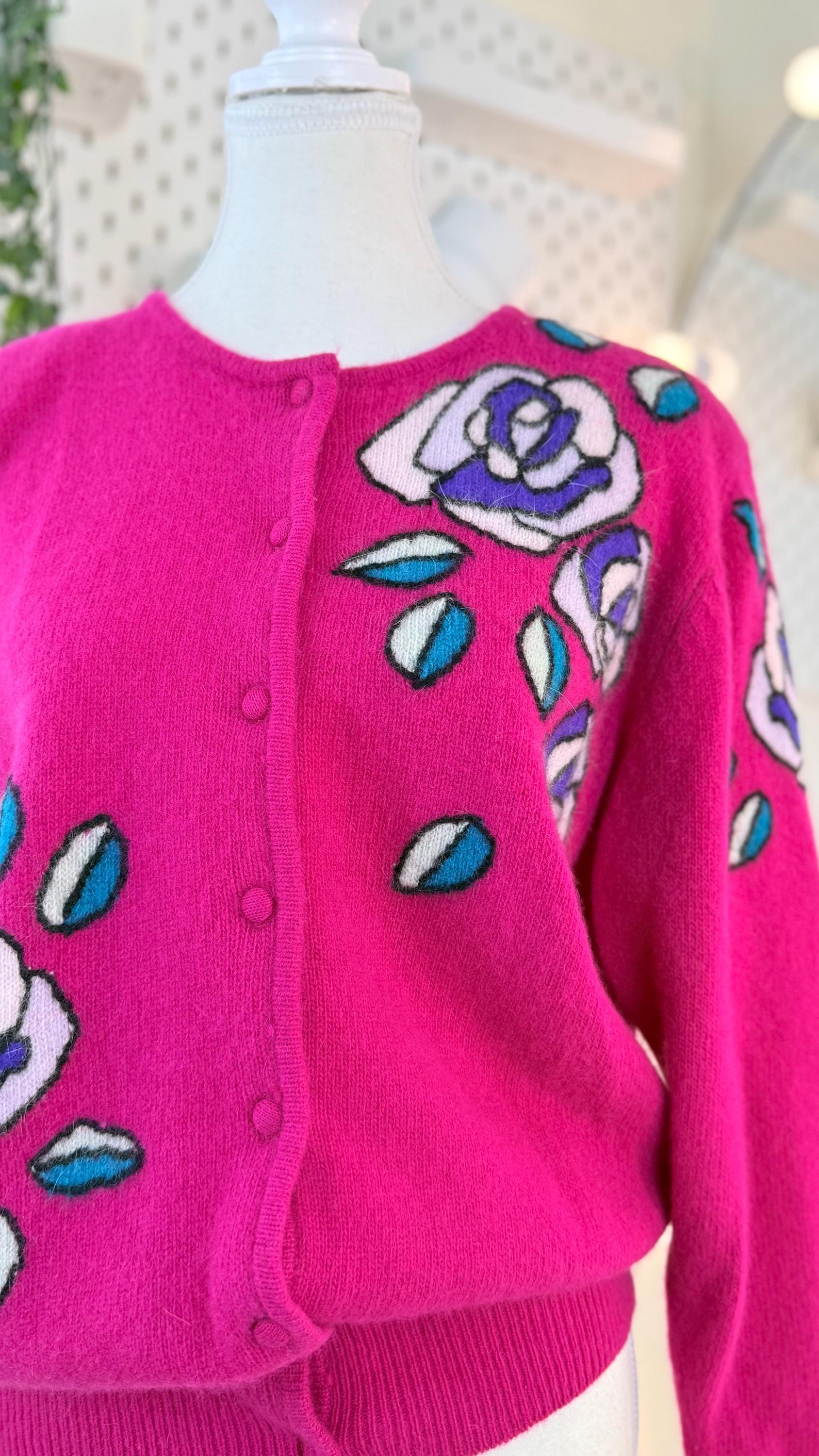Vintage Angora Blend Wool Cardigan Floral Appliqué Button Front Soft ...