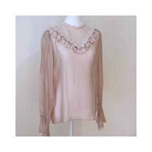 Vintage-Inspired Lace Ruffle Blouse with Sheer Sleeves and Victorian Collar – Romantic Feminine Top for Women Tencel Blend
