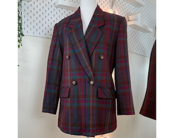 Vintage 100% Schurwolle Zweireihiger Blazer Frauen Karierter Tartan Wolljacke Japanischer Vintage Tailored Blazer Büro-Klassiker Herbst