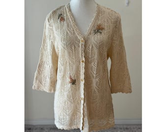 Vintage Japan Crochet Knit Cardigan Linen Cotton Embroidered Button Up Sweater Lace Knit Top Retro Cottagecore Spring Summer Fall knitwear
