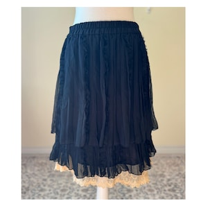 Vintage Axes Femme Layered Pleated Skirt – Women’s Gothic Lolita Mori Kei Style, Chiffon Tiered Skirt with Lace Hem