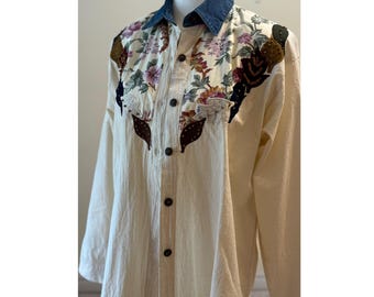 Vintage besticktes Westernhemd 100% Baumwolle Übergroße Button-Down-Bluse mit Floraler Blattapplikation Langarm-Casual Shirt