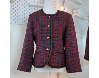 Vintage japanische Tweed Wolljacke Chanel Style Cropped Boucle Jacke Damen Klassischer Tweed Blazer Gold Button Strukturierte Wolljacke