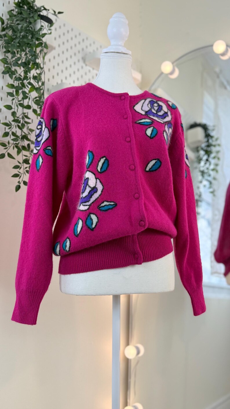 Vintage Angora Blend Wool Cardigan Floral Appliqué Button Front Soft ...