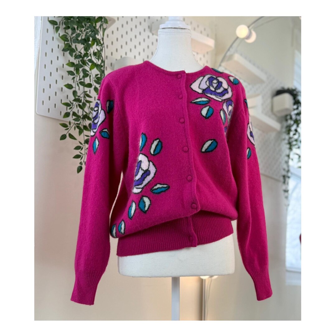 Vintage Angora Blend Wool Cardigan Floral Appliqué Button Front Soft ...