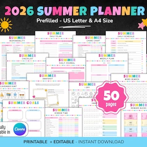 May include: A colorful 2026 Summer Planner with various pages, including a checklist, daily plan, and chore chart. The planner is prefilled and available in US Letter and A4 sizes. The design features pastel colors and summer-themed graphics. The planner has 50 pages.