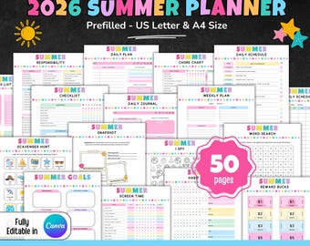 2026 Summer Planner for Kids, Editable Summer Planner, Printable Summer Planner, Summer Calendar, Summer Checklist, Summer Chore Chart, PDF