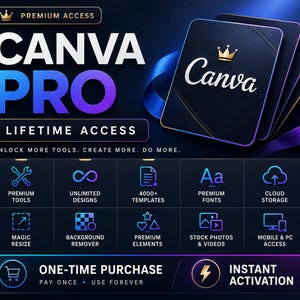 Può includere: Un annuncio grafico digitale per l'accesso a vita a Canva Pro. Il testo recita Premium Access, Canva Pro, Lifetime Access, Unlock more tools, create more, do more. Include icone per strumenti premium, design illimitati, modelli, caratteri e archiviazione.