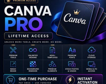 Canvaプレミアム永久アクセス、Canva Pro機能、プレミアムテンプレート、AIデザインツール、100万点以上のクリエイティブリソース、即時デジタル配信