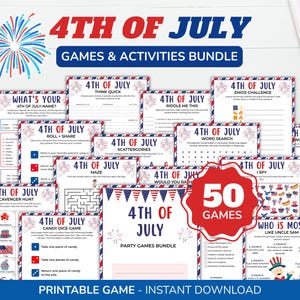 May include: A 4th of July games and activities bundle featuring 50 printable games. The collection includes sheets for a scavenger hunt, word search, maze, emoji challenge, and candy dice game, all decorated with red, white, and blue firework graphics.