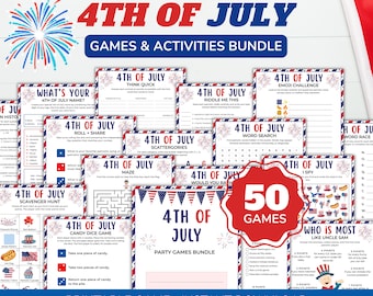 Pacchetto di giochi per il 4 luglio, 50 giochi stampabili per il 4 luglio, giochi e attività per feste patriottiche, quiz sul Giorno dell'Indipendenza, download digitale in PDF.