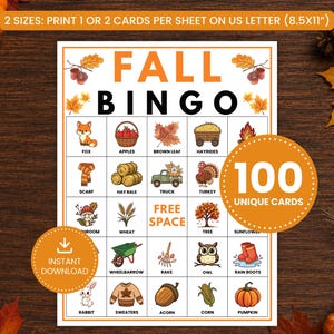 May include: A Fall Bingo game card featuring a grid of autumn-themed illustrations including a fox, apples, leaves, hayrides, a scarf, hay bales, a truck, a turkey, a mushroom, wheat, a tree, a sunflower, a wheelbarrow, a rake, an owl, rain boots, a rabbit, a sweater, an acorn, corn, and a pumpkin.