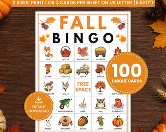 100 herfstbingokaarten, afdrukbare herfstbingo, herfstactiviteit kinderen volwassenen, herfstspellen, herfstfeestspel, herfstbingospel, activiteit in de klas