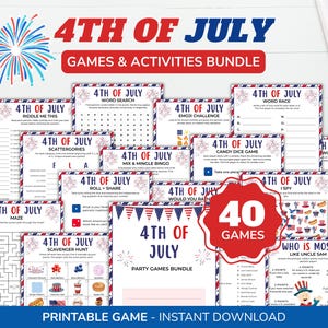 Pode incluir: Um pacote de 40 jogos e atividades imprimíveis para o 4 de julho. A coleção inclui caça-palavras, trivias, bingos, labirintos e caças ao tesouro, todos decorados com motivos de fogos de artifício e bandeiras em vermelho, branco e azul.