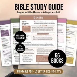 May include: A printable Bible study guide in PDF format, US letter size 8.5 x 11 inches. The document features multiple pages with sections for author, date, key themes, people, places, lessons, events, and practical applications for 66 books.