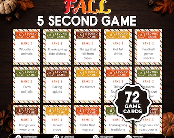 Op de afbeelding: Een set van 72 printbare spelkaarten getiteld Fall 5 Second Game. Elke kaart bevat een klokpictogram, de tekst Name 3 en een specifieke opdracht gerelateerd aan herfstthema's zoals bosdieren, Thanksgiving-bijgerechten en oogstgewassen.