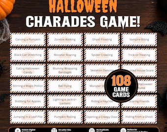 May include: A Halloween Charades Game set featuring 108 game cards with prompts like Carving a Pumpkin, Zombie Walking, and Ghost Floating. The cards have orange and blue striped borders and are presented on a dark wood background with text.