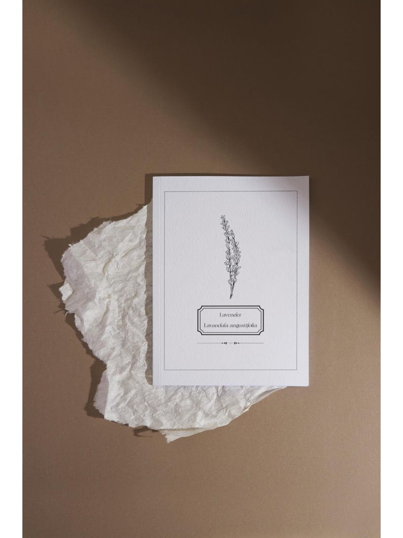 May include: A white card with a detailed black and white illustration of lavender, with the text "Lavender Lavandula angustifolia". The card rests on a piece of textured white paper, set against a brown background.