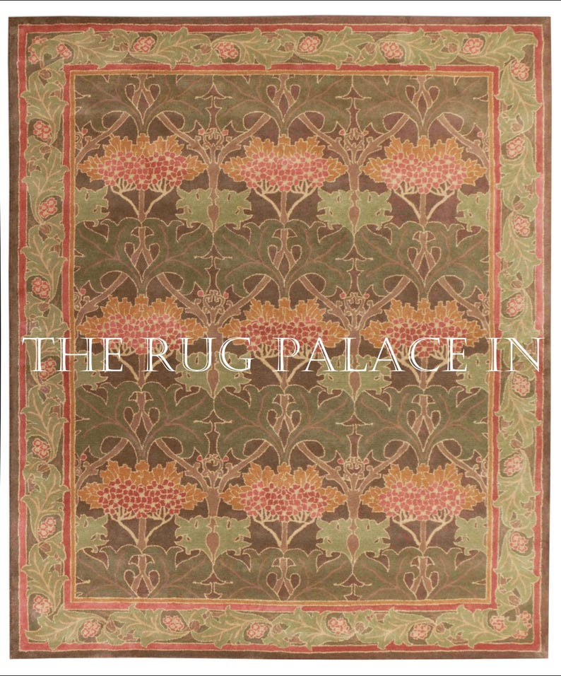 Green Earthy Pattern Rug Handmade Wool Oriental Rug, Traditional Botanical William Design, Green ...