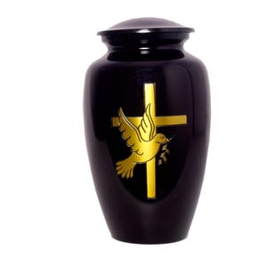 Black Cremation Urn for Adult Human Ashes | Handcrafted Metal Funeral Urn | Gold Dove & Cross Design