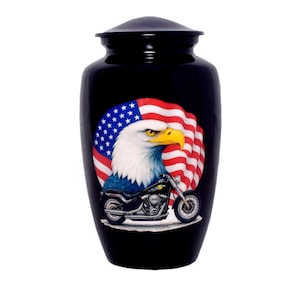 World Bazar Cremation Urns – US Flag Eagle with Motorcycle Tribute – Premium Adult Urn for Human Ashes (Adult Size – 200 lbs. – 10.5&quot; x 6&quot;)