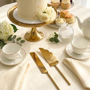 Könnte beinhalten: Ein elegant gedeckter Tisch mit einem weißen Kuchen, verziert mit Blattgold und Rosen. Goldene Tortenständer, Servierutensilien, Teetassen und Cupcakes bilden eine raffinierte Dessertauslage.