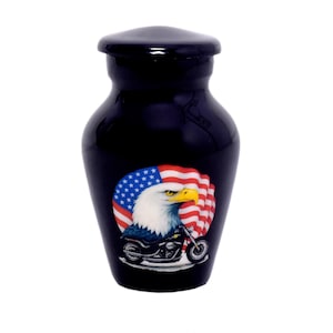 USA Flag Eagle & Harley Motorcycle Mini Keepsake Urn – Handcrafted Metal Cremation Urn for Ashes – 3&quot; Biker Memorial Urn with Box