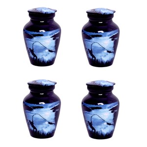 May include: Four navy blue urns with a fishing scene. Each urn features a lid and a cylindrical body. The scene depicts a person fishing with a blue sky and water background. The urns are designed for memorial purposes.