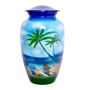 Hand-Painted Beach Cremation Urn for Human Ashes – Ocean Palm Tree Adult Urn