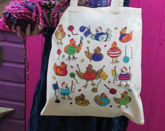 Knitting Chickens Tote Bag - Fairtrade Cotton - Eco - Colourful - Funny Chicken Gift - Crochet - Knitting Bag - Laura Lee Designs
