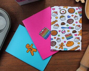 Baking Notebook Set - Gift For Bakers - Cooks - Cake Makers - Sugarcrafters - Gingerbread Man - Rainbow Cake - Cooking Utensils - Recycled