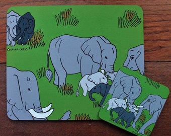 Elephant placemat and coaster set - cute elephant gift - wooden - cork backed - heat proof - durable - table mat - Laura Lee Designs